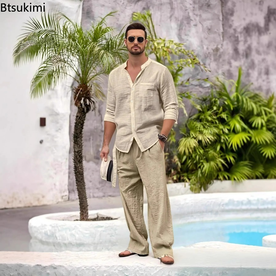 Linen Shirt Summer - Новый мужской повседневный комплект из хлопка