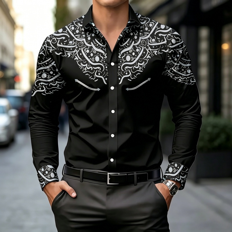 Mens Fashion Casual - Черно-белая рубашка с контрастным принтом, приталенного