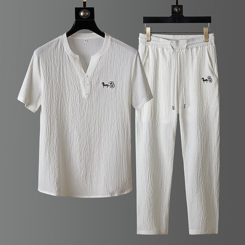 Men'S Fashion V Neck T Shirts - Новый летний модный комплект из льняной