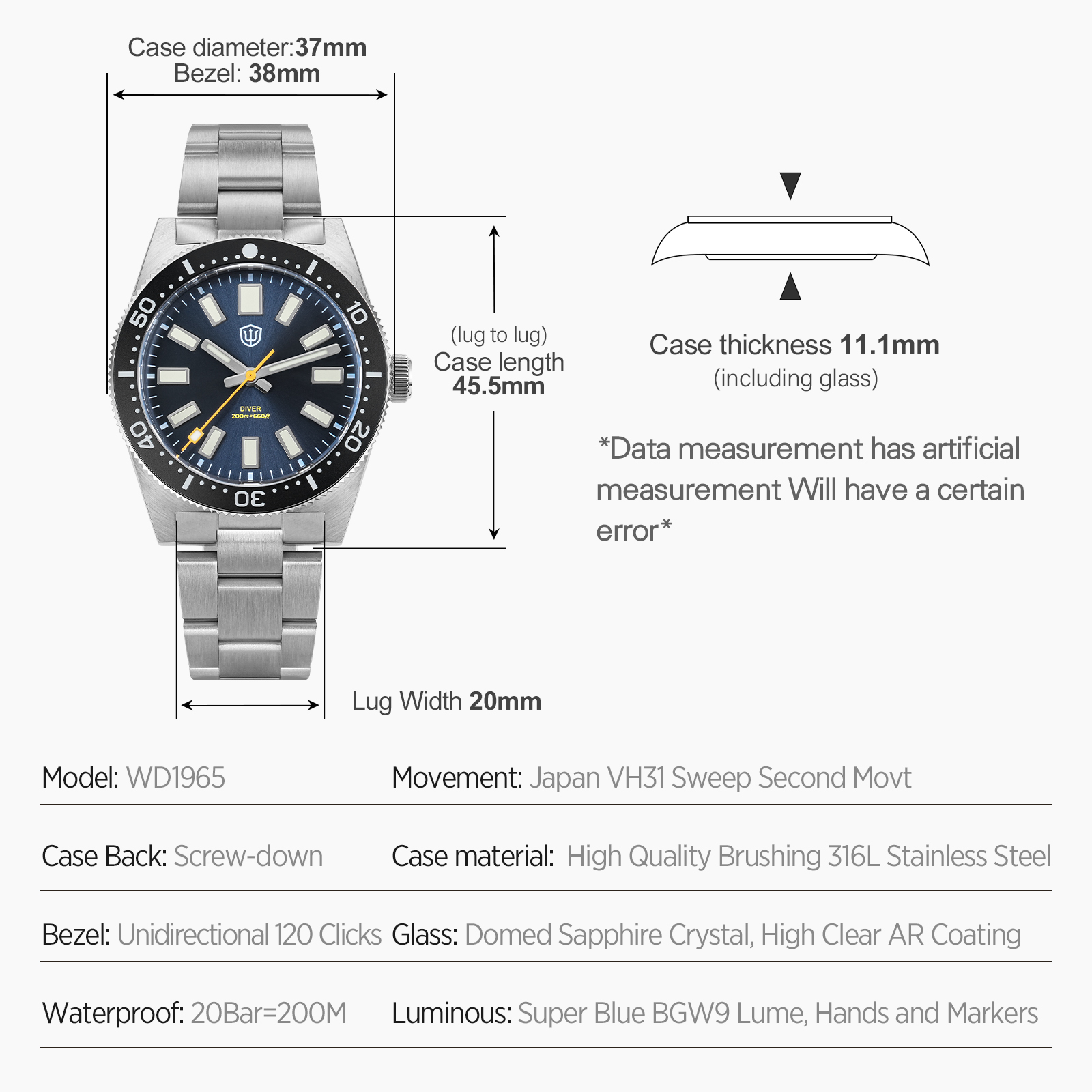 Мужские часы Watchdives 37 мм  – обзор и цена Mens Fashion Bracelet